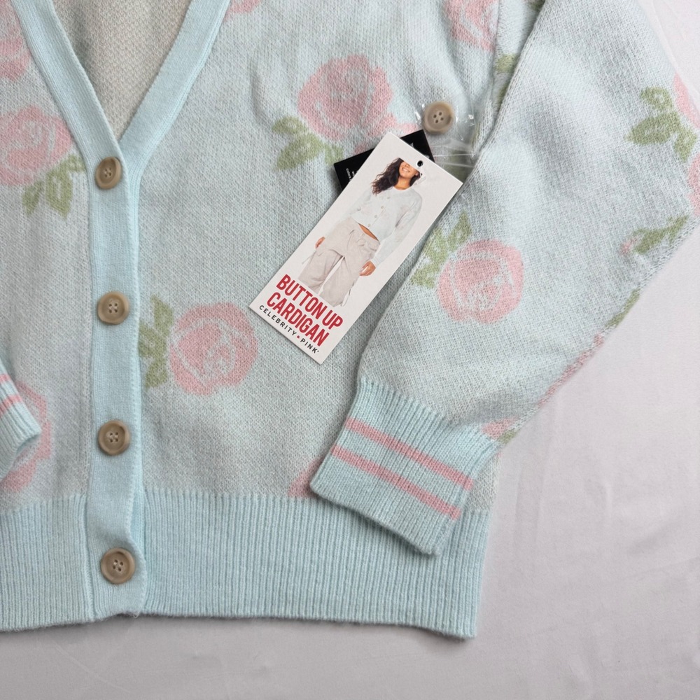 Celebrity Pink Womens Light Blue Pink Rose Floral V-Neck Button Up Cardigan NEW - Picture 5 of 14